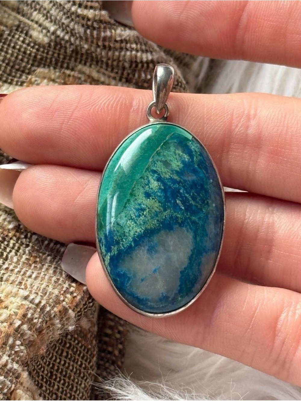Rare Shattuckite Oval Stone Pendant Necklace - Sterling Silver .925